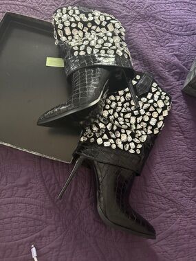 Black Embellished Stiletto Booties - Women's Fashion Heels